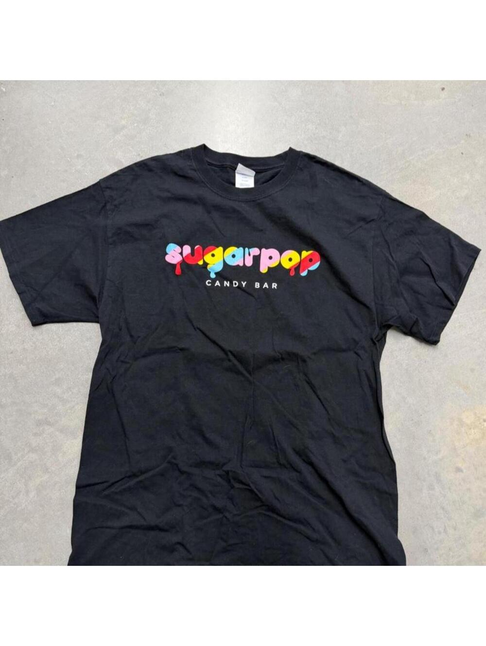 Y2K Sugarpop Candy Bar Graphic T-Shirt Black Colorful Logo Tee Size Large